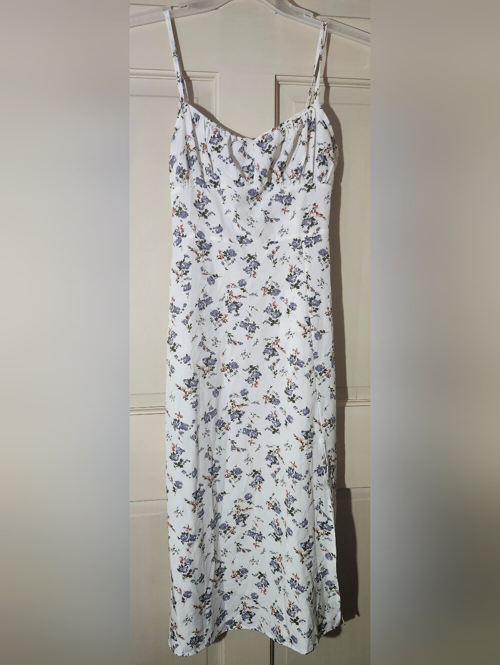 SHEIN White Midi Slip Dress with Blue and Green Floral Print